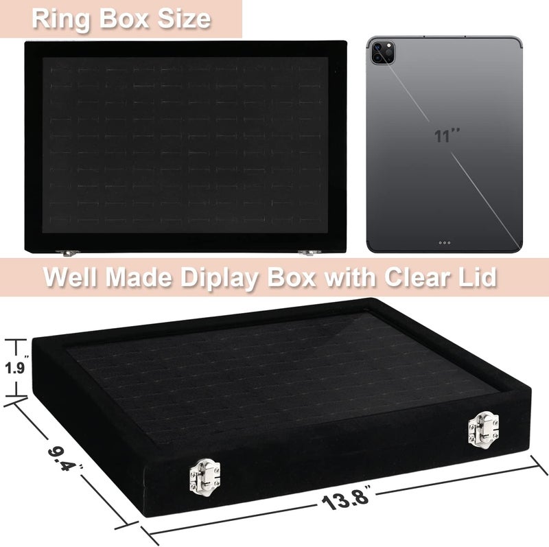 Jenseits Ring Organizer for Jewelry, Ring Holder Box with Clear Lid, Dustproof Velvet Rings Display Tray Storage Case, 100 Slot Glass Top Jewelry Tray Drawer Insert for Multiple Rings Studs Earring (Black) - Image 2