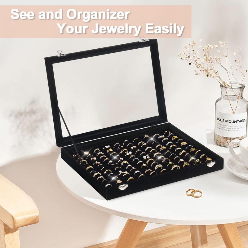 Jenseits Ring Organizer for Jewelry, Ring Holder Box with Clear Lid, Dustproof Velvet Rings Display Tray Storage Case, 100 Slot Glass Top Jewelry Tray Drawer Insert for Multiple Rings Studs Earring (Black) - Image 4