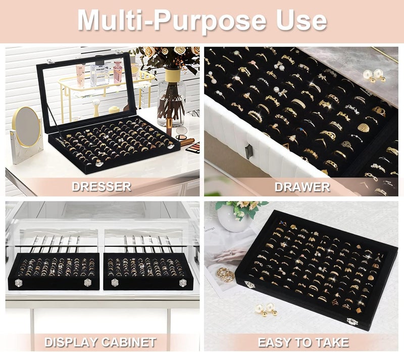 Jenseits Ring Organizer for Jewelry, Ring Holder Box with Clear Lid, Dustproof Velvet Rings Display Tray Storage Case, 100 Slot Glass Top Jewelry Tray Drawer Insert for Multiple Rings Studs Earring (Black) - Image 3