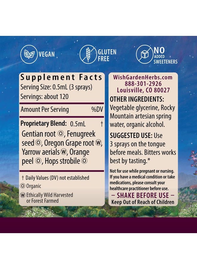 Wishgarden أعشاب باداس بيتيرز - بيتيرز هضمية طبيعية بالكامل مصنوعة من جذر الجنطيانا، قشر البرتقال وبذور الحلبة، بيتيرز للهضم تحفز وظيفة إنزيمات الهضم، بيتيرز سويدية، 2 أونصة - Image 2