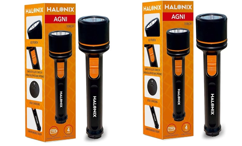 Halonix Halonix Plastic 3W AddOn Agni Rechargeable Emergency Led Torch Flashlight with USB Charging High BeamLow Beam Feature 4 hrs Back up Slide Switch Pack 2 