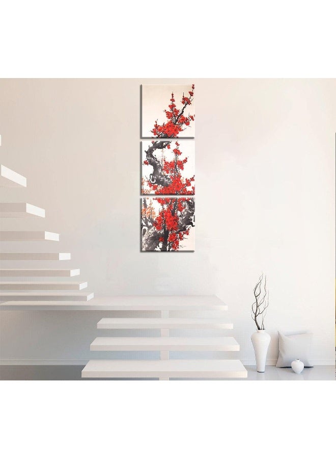 NAN Wind 3 Panels Modern Giclee Canvas Prints Small Size Traditional Chinese Painting of Plum Blossom Canvas Prints Wood Framed Red Plum Blossom Wall Art Plum Flowers Print Painting - Image 3