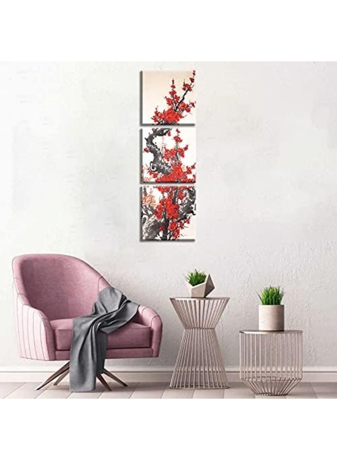 NAN Wind 3 Panels Modern Giclee Canvas Prints Small Size Traditional Chinese Painting of Plum Blossom Canvas Prints Wood Framed Red Plum Blossom Wall Art Plum Flowers Print Painting - Image 5
