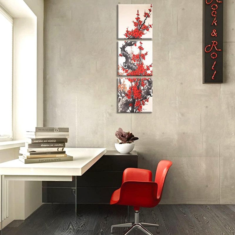 NAN Wind 3 Panels Modern Giclee Canvas Prints Small Size Traditional Chinese Painting of Plum Blossom Canvas Prints Wood Framed Red Plum Blossom Wall Art Plum Flowers Print Painting - Image 4