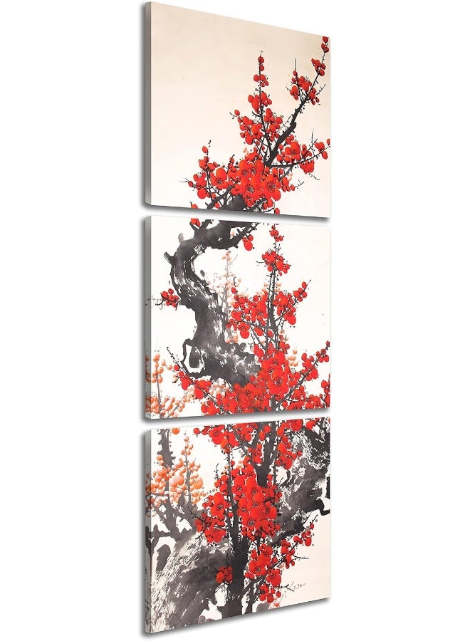 NAN Wind 3 Panels Modern Giclee Canvas Prints Small Size Traditional Chinese Painting of Plum Blossom Canvas Prints Wood Framed Red Plum Blossom Wall Art Plum Flowers Print Painting - Image 1