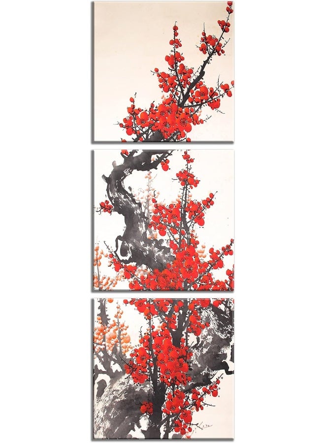NAN Wind 3 Panels Modern Giclee Canvas Prints Small Size Traditional Chinese Painting of Plum Blossom Canvas Prints Wood Framed Red Plum Blossom Wall Art Plum Flowers Print Painting - Image 2