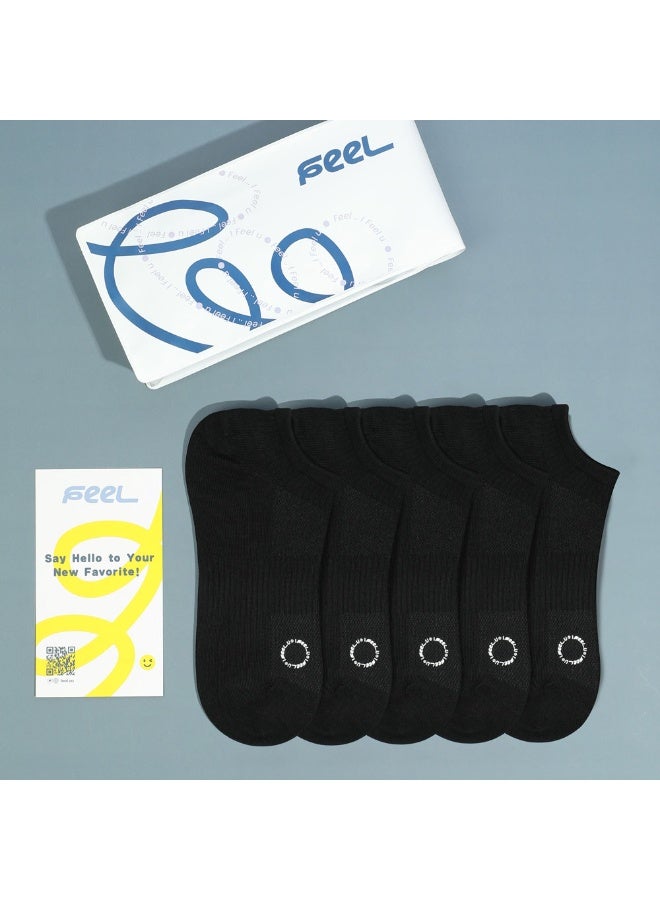 FEEL Men's Low-Cut Socks, Breathable Cotton Blend, Black, 5 Pairs - Image 2