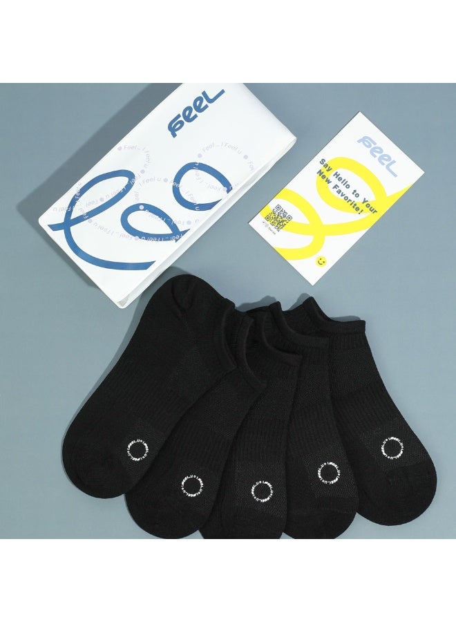 FEEL Men's Low-Cut Socks, Breathable Cotton Blend, Black, 5 Pairs - Image 3