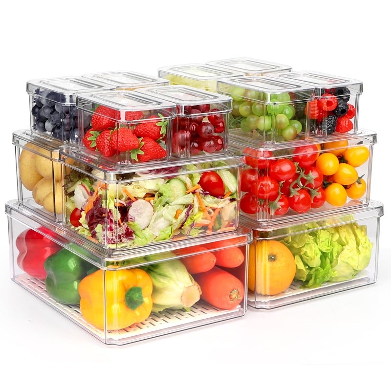 YKIOKE 14 Pack Fridge Organizer, Stackable Refrigerator Organizer Bins with Lids PBA-Free, Clear Fridge Organizers and Storage for Kitchen, Countertops, Cabinets, Fridge, Drinks, Fruits, Vegetable, Cereals - Image 1