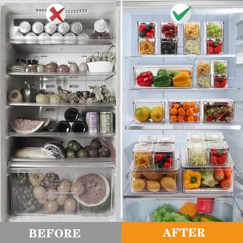 YKIOKE 14 Pack Fridge Organizer, Stackable Refrigerator Organizer Bins with Lids PBA-Free, Clear Fridge Organizers and Storage for Kitchen, Countertops, Cabinets, Fridge, Drinks, Fruits, Vegetable, Cereals - Image 4
