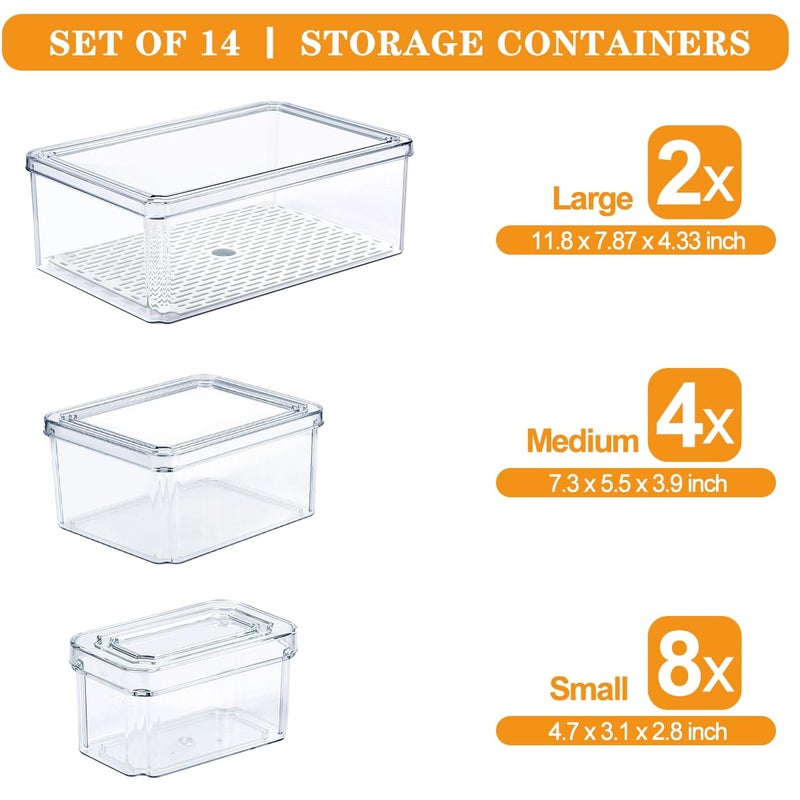 YKIOKE 14 Pack Fridge Organizer, Stackable Refrigerator Organizer Bins with Lids PBA-Free, Clear Fridge Organizers and Storage for Kitchen, Countertops, Cabinets, Fridge, Drinks, Fruits, Vegetable, Cereals - Image 2