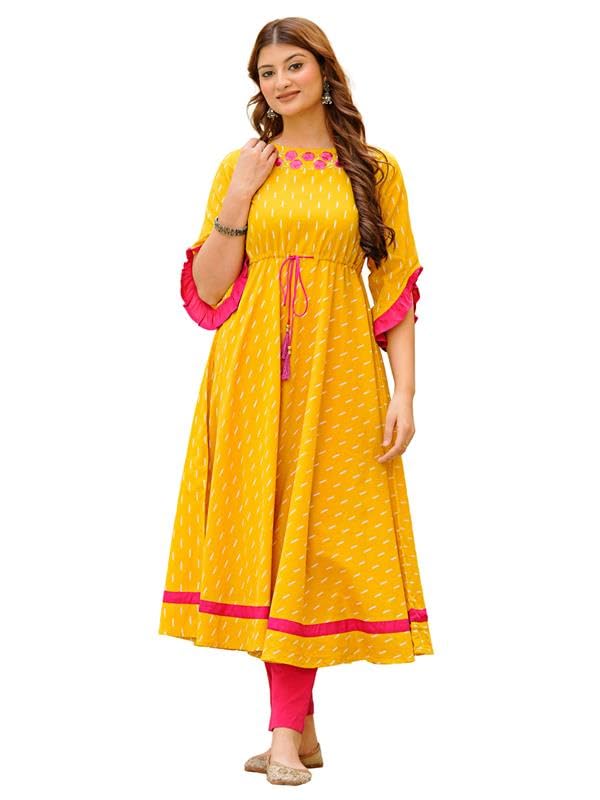 Yash Gallery Women’s Cotton Anarkali Kurta Dress | Mustard Yellow Ikat Print | Round Neck Floral Embroidery, 3/4 Ruffle Sleeves, Tie-Up Waist, Flared Maxi Length|Ethnic & Fusion Wear - Image 1