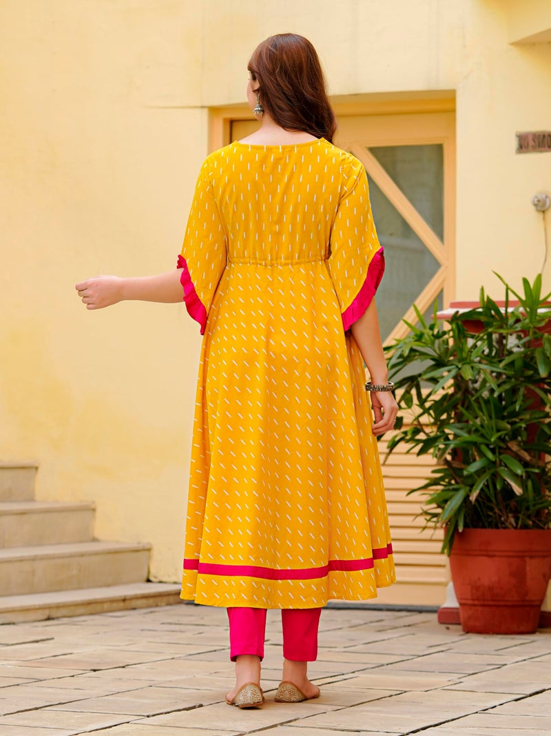 Yash Gallery Women’s Cotton Anarkali Kurta Dress | Mustard Yellow Ikat Print | Round Neck Floral Embroidery, 3/4 Ruffle Sleeves, Tie-Up Waist, Flared Maxi Length|Ethnic & Fusion Wear - Image 5