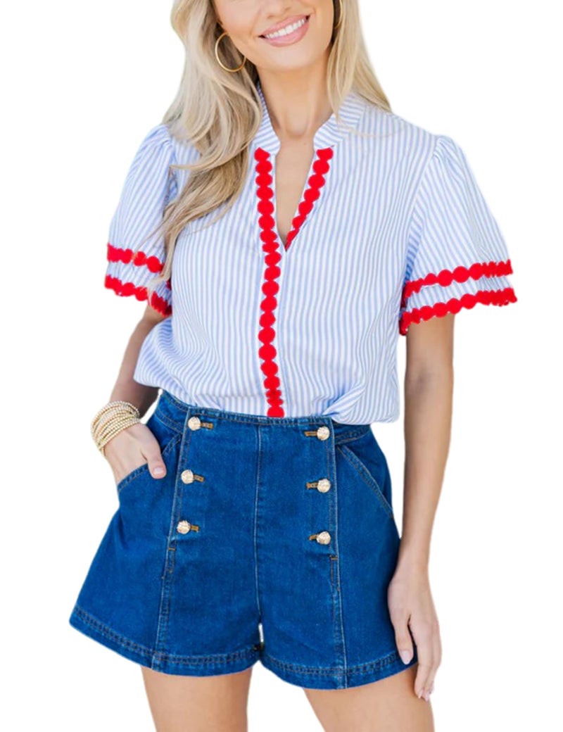 Yeokou Womens Striped Shirt V Neck Short Puff Sleeve Cotton Pullover Top Casual Summer Button Down Rickrack Blouse(Red-L) - Image 1