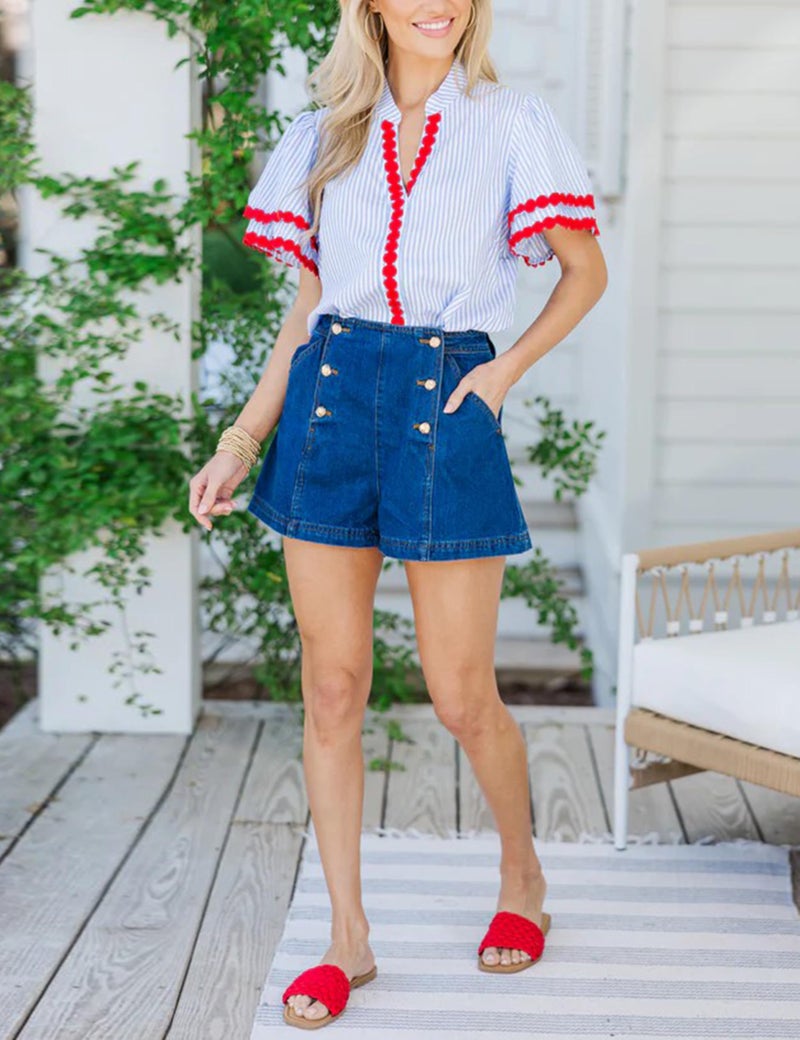 Yeokou Womens Striped Shirt V Neck Short Puff Sleeve Cotton Pullover Top Casual Summer Button Down Rickrack Blouse(Red-L) - Image 2