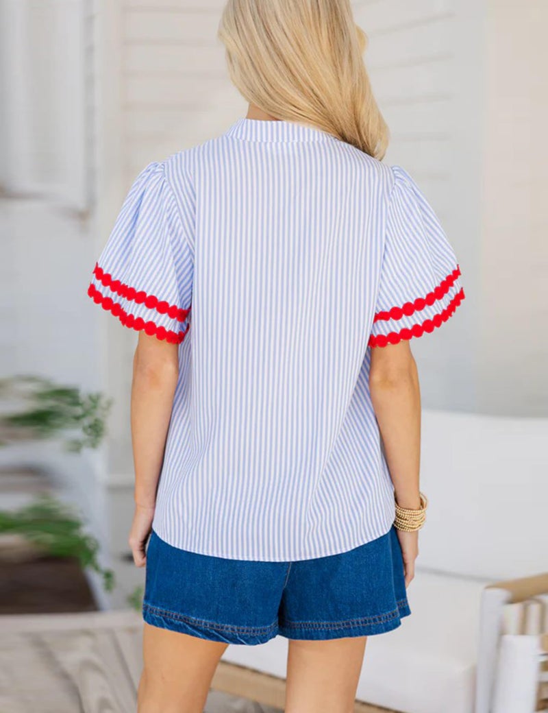 Yeokou Womens Striped Shirt V Neck Short Puff Sleeve Cotton Pullover Top Casual Summer Button Down Rickrack Blouse(Red-L) - Image 4