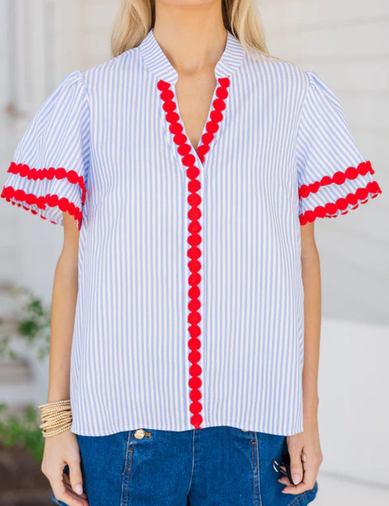 Yeokou Womens Striped Shirt V Neck Short Puff Sleeve Cotton Pullover Top Casual Summer Button Down Rickrack Blouse(Red-L) - Image 5
