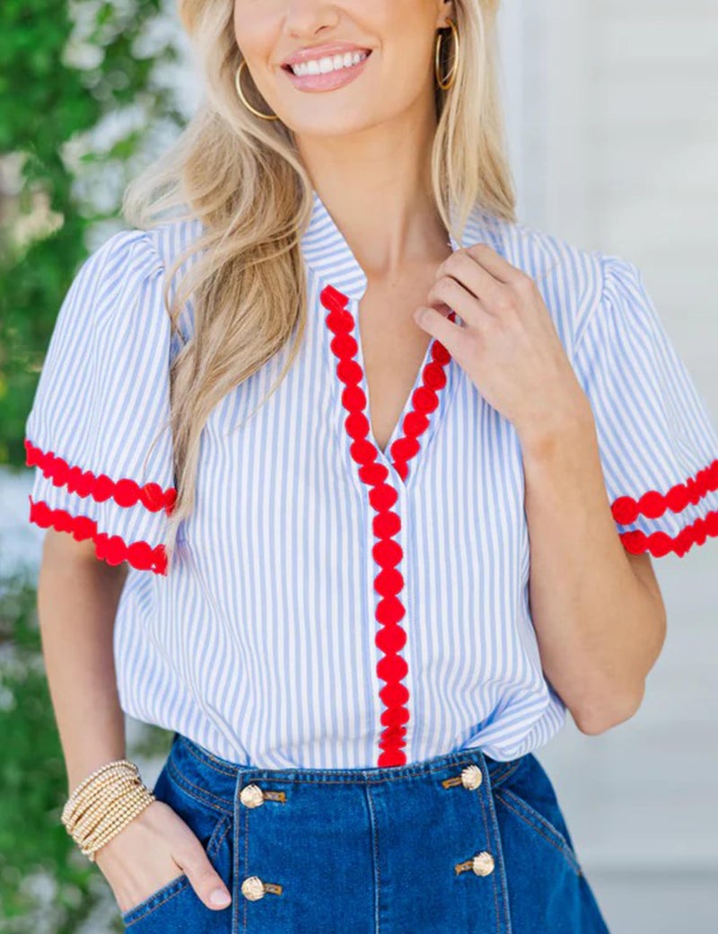 Yeokou Womens Striped Shirt V Neck Short Puff Sleeve Cotton Pullover Top Casual Summer Button Down Rickrack Blouse(Red-L) - Image 3