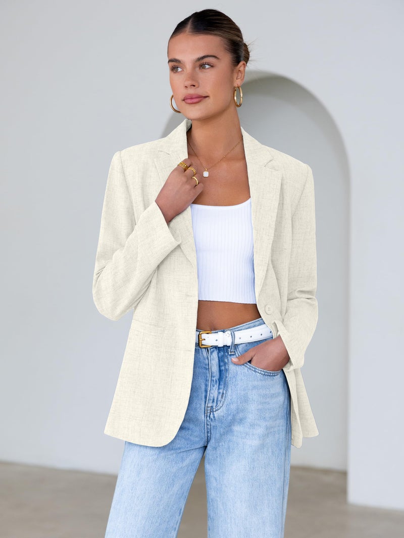 Simplee Blazers for Women Business 2026 Dressy Casual Long Sleeve Lapel Open Front Button Jacket Button Down Blazer with Pockets(Apricot M) - Image 2