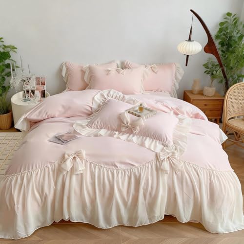 IHOUSTRIY Duvet Cover Twin Size, Ruffle Beddding Set with Bowtie, 2 Pieces Comforter Cover Set with Zipper Closure, Girl Princess Bedding with Pillowcase - Light Pink, Twin - Image 2