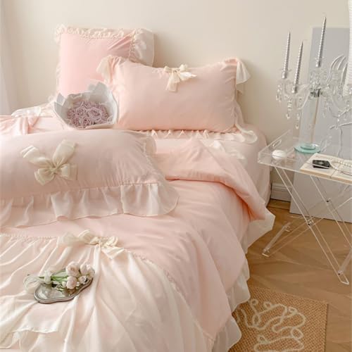 IHOUSTRIY Duvet Cover Twin Size, Ruffle Beddding Set with Bowtie, 2 Pieces Comforter Cover Set with Zipper Closure, Girl Princess Bedding with Pillowcase - Light Pink, Twin - Image 5