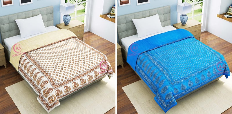 WORLDNEX 400 TC Pure Cotton Jaipuri Design Printed Light Weight Traditional Rajasthani Print Single Bed Quilt/Razai/Rajai (Design 24, Single Bed - Set of 2 Combo Set) - Image 1