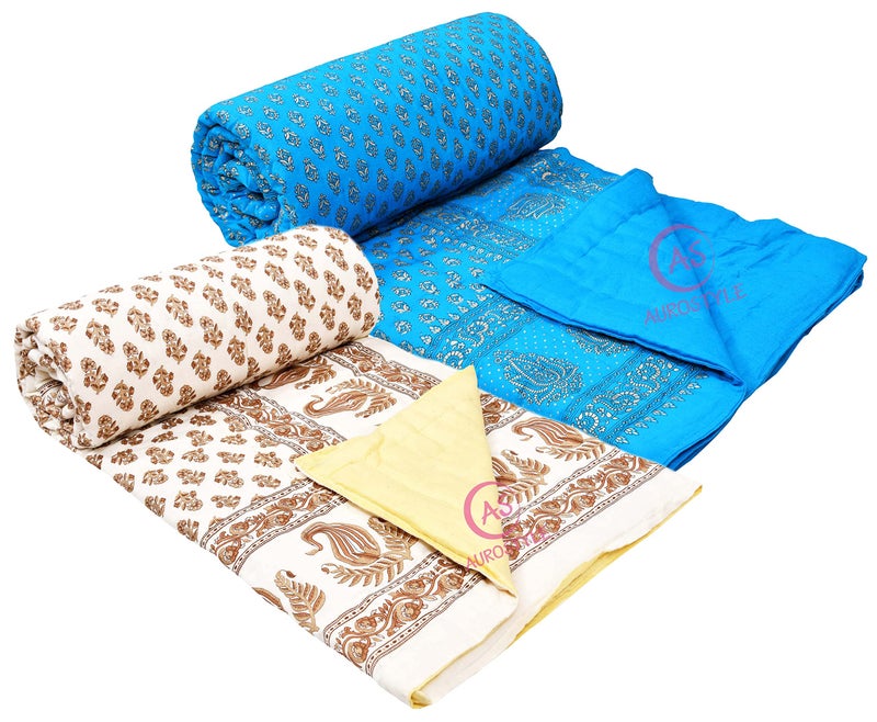 WORLDNEX 400 TC Pure Cotton Jaipuri Design Printed Light Weight Traditional Rajasthani Print Single Bed Quilt/Razai/Rajai (Design 24, Single Bed - Set of 2 Combo Set) - Image 3