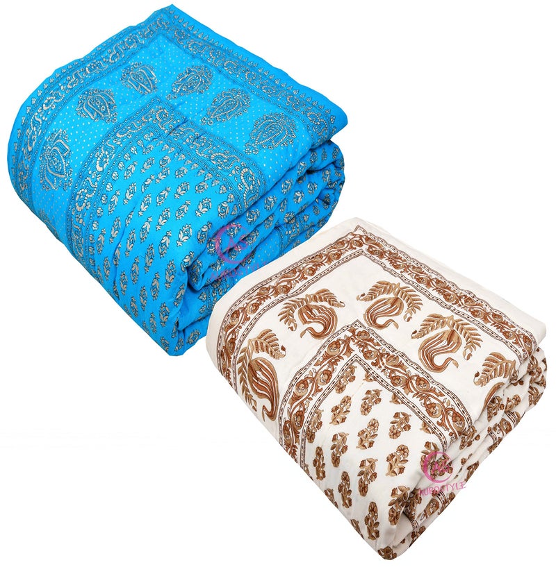 WORLDNEX 400 TC Pure Cotton Jaipuri Design Printed Light Weight Traditional Rajasthani Print Single Bed Quilt/Razai/Rajai (Design 24, Single Bed - Set of 2 Combo Set) - Image 4