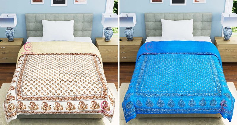 WORLDNEX 400 TC Pure Cotton Jaipuri Design Printed Light Weight Traditional Rajasthani Print Single Bed Quilt/Razai/Rajai (Design 24, Single Bed - Set of 2 Combo Set) - Image 2