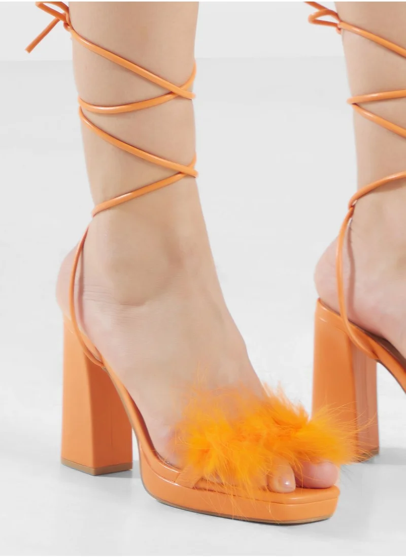 Truffle Block Heel Platform Strappy Sandal With Feather