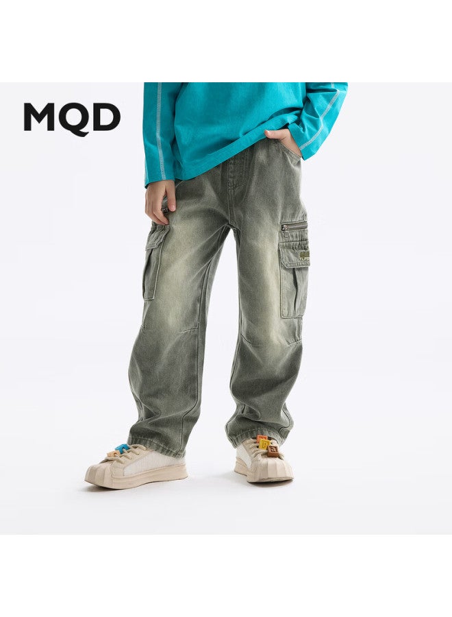 Mqd Boys' Autumn New Style Children's Fashion Washed Denim Jeans For Older Kids, Army Green, Size 140 - Image 1