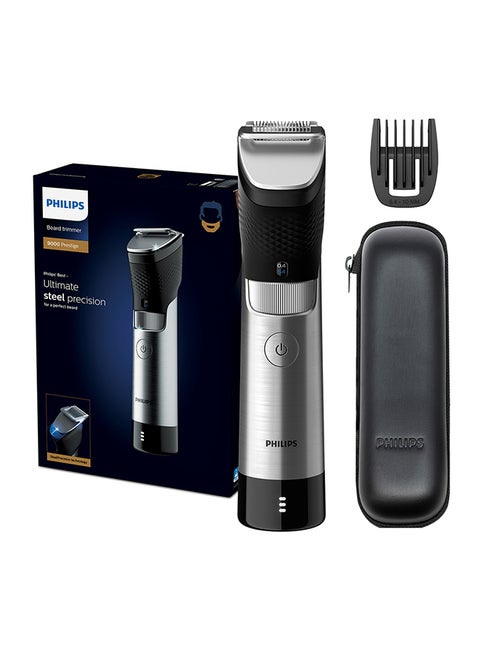 Beard Trimmer BT9810,Ultimate Precision with Built-In Metal Comb,Self-Sharpening Steel Blades, 30 Length Settings,Steel Body, Battery Indicator,120min Cordless, Waterproof, Travel Case Black/Silver