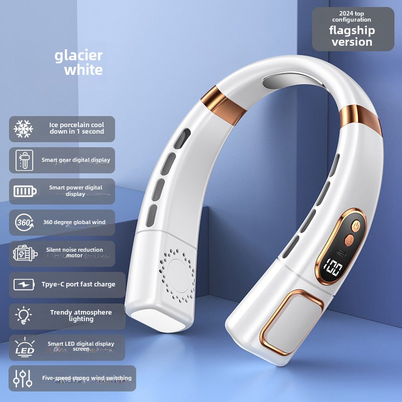 New Neck Fan with LED Light Display Rechargeable Mini Portable USB White Flagship Edition [Fifth Gear Digital Display + Lighting + Ice Porcelain + Type-C Interface]]