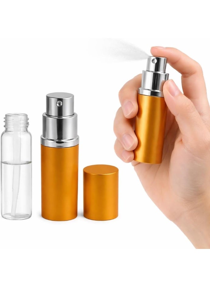 زجاجة رذاذ عطر قابلة لإعادة التعبئة، مصنوعة من الألومنيوم، بحجم مناسب للسفر، سعة 10 مل، مانعة للتسرب، عبوة جيبية للعطور والكولونيا ومستحضرات التجميل، تصميم محمول (ذهبي) - Image 1