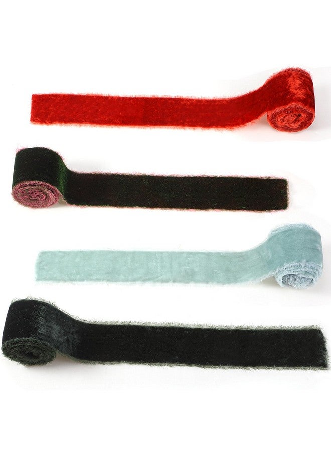 كانلير 4 لفات من شرائط مخملية لعيد الميلاد لتغليف الهدايا، شريط من القماش المتهالك بحافة خام، شريط مخملي سلكي لدعوات الزفاف وباقة الزفاف، صناعة يدوية (لون كلاسيكي، 2 بوصة × 16 ياردة) - Image 1