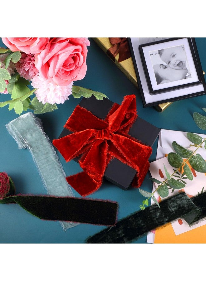 كانلير 4 لفات من شرائط مخملية لعيد الميلاد لتغليف الهدايا، شريط من القماش المتهالك بحافة خام، شريط مخملي سلكي لدعوات الزفاف وباقة الزفاف، صناعة يدوية (لون كلاسيكي، 2 بوصة × 16 ياردة) - Image 4