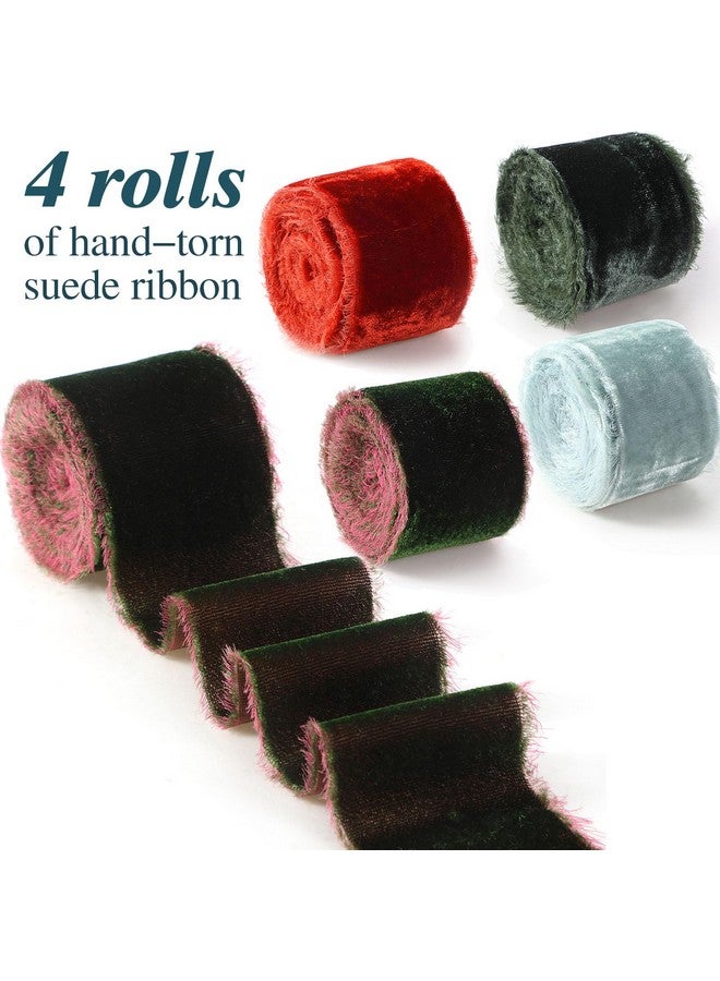 كانلير 4 لفات من شرائط مخملية لعيد الميلاد لتغليف الهدايا، شريط من القماش المتهالك بحافة خام، شريط مخملي سلكي لدعوات الزفاف وباقة الزفاف، صناعة يدوية (لون كلاسيكي، 2 بوصة × 16 ياردة) - Image 2