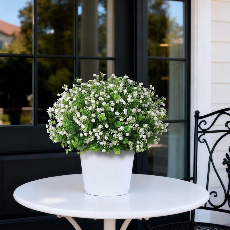 FOTEEWL Artificial Eucalyptus with Baby's Breath Topiary Ball Trees - 2 Set Plastic Faux Eucalyptus Plants in Pot, Sun Resistant Fake Greenery Potted Bushes for Front Door Farmhouse Garden Porch Decor - Image 4