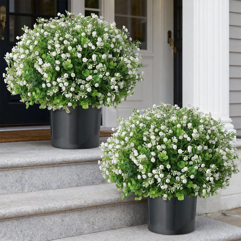FOTEEWL Artificial Eucalyptus with Baby's Breath Topiary Ball Trees - 2 Set Plastic Faux Eucalyptus Plants in Pot, Sun Resistant Fake Greenery Potted Bushes for Front Door Farmhouse Garden Porch Decor - Image 1