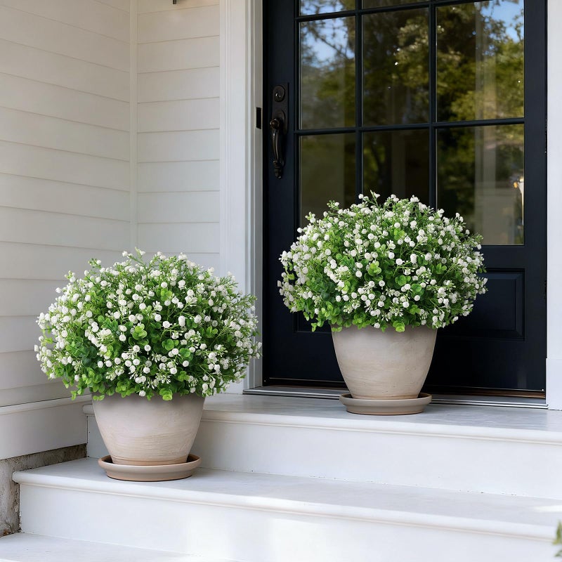 FOTEEWL Artificial Eucalyptus with Baby's Breath Topiary Ball Trees - 2 Set Plastic Faux Eucalyptus Plants in Pot, Sun Resistant Fake Greenery Potted Bushes for Front Door Farmhouse Garden Porch Decor - Image 2