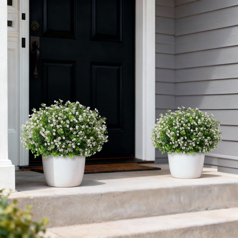 FOTEEWL Artificial Eucalyptus with Baby's Breath Topiary Ball Trees - 2 Set Plastic Faux Eucalyptus Plants in Pot, Sun Resistant Fake Greenery Potted Bushes for Front Door Farmhouse Garden Porch Decor - Image 3