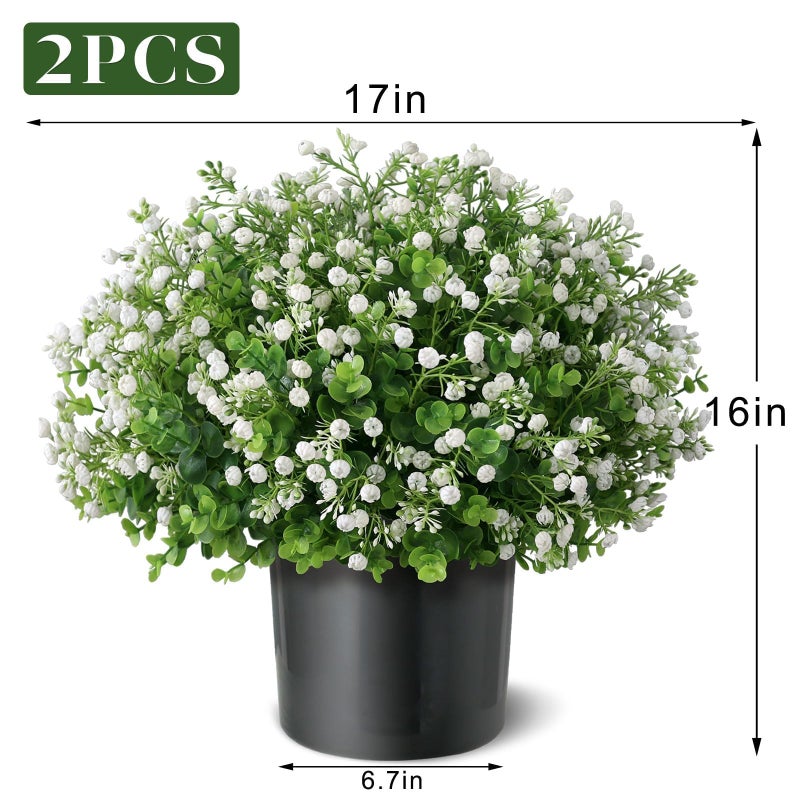 FOTEEWL Artificial Eucalyptus with Baby's Breath Topiary Ball Trees - 2 Set Plastic Faux Eucalyptus Plants in Pot, Sun Resistant Fake Greenery Potted Bushes for Front Door Farmhouse Garden Porch Decor - Image 5