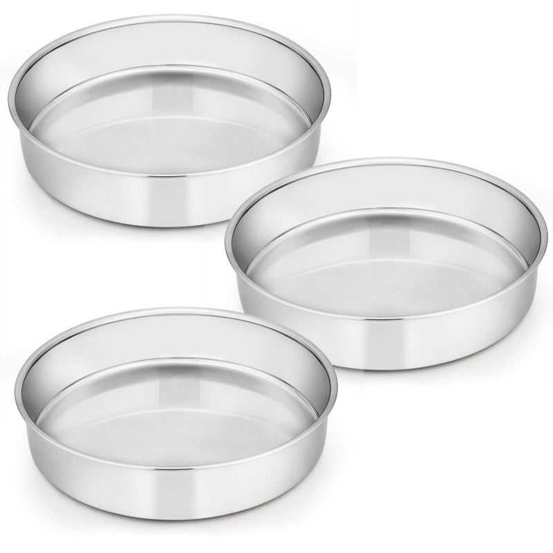 Efar 9 Inch Cake Pan Set of 3 Stainless Steel Round Cake Baking Pans NonToxic  Healthy Mirror Finish  Dishwasher Safe