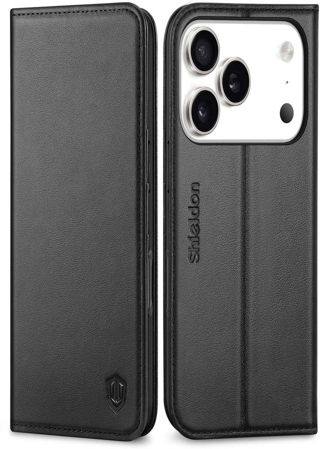 شيلدون جراب محفظة من الجلد الطبيعي من SHIELDON لهاتف iPhone 17 Pro بشاشة 6.3 بوصة بتقنية 5G (إصدار 2025)، مزود بتقنية حجب RFID، وحامل للبطاقات، ومسند، وغطاء قلاب مغناطيسي، وقابل للطي، وغطاء TPU مقاوم للصدمات، وفتحات للحزام - أسود - Image 1