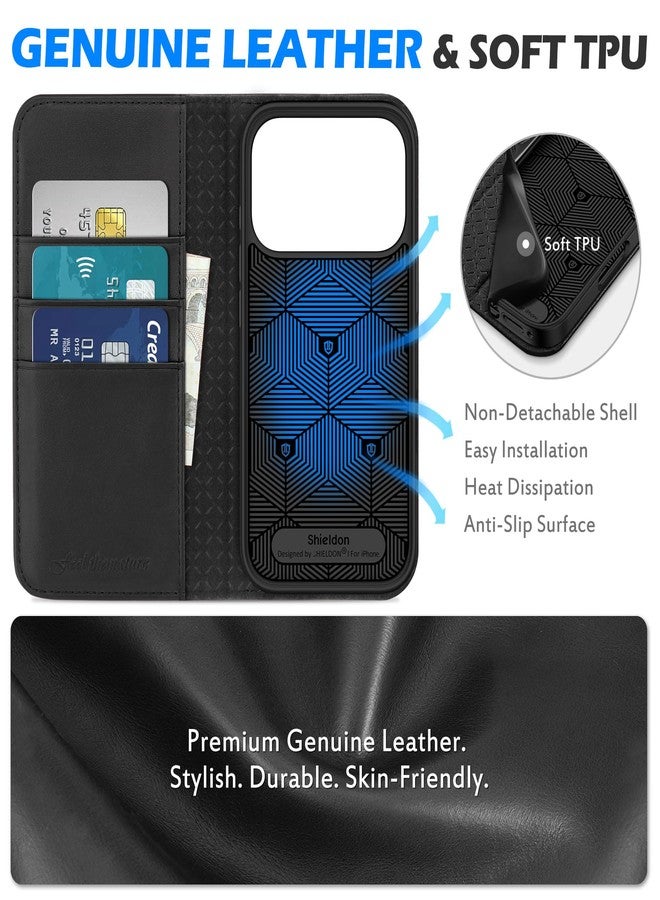 شيلدون جراب محفظة من الجلد الطبيعي من SHIELDON لهاتف iPhone 17 Pro بشاشة 6.3 بوصة بتقنية 5G (إصدار 2025)، مزود بتقنية حجب RFID، وحامل للبطاقات، ومسند، وغطاء قلاب مغناطيسي، وقابل للطي، وغطاء TPU مقاوم للصدمات، وفتحات للحزام - أسود - Image 3