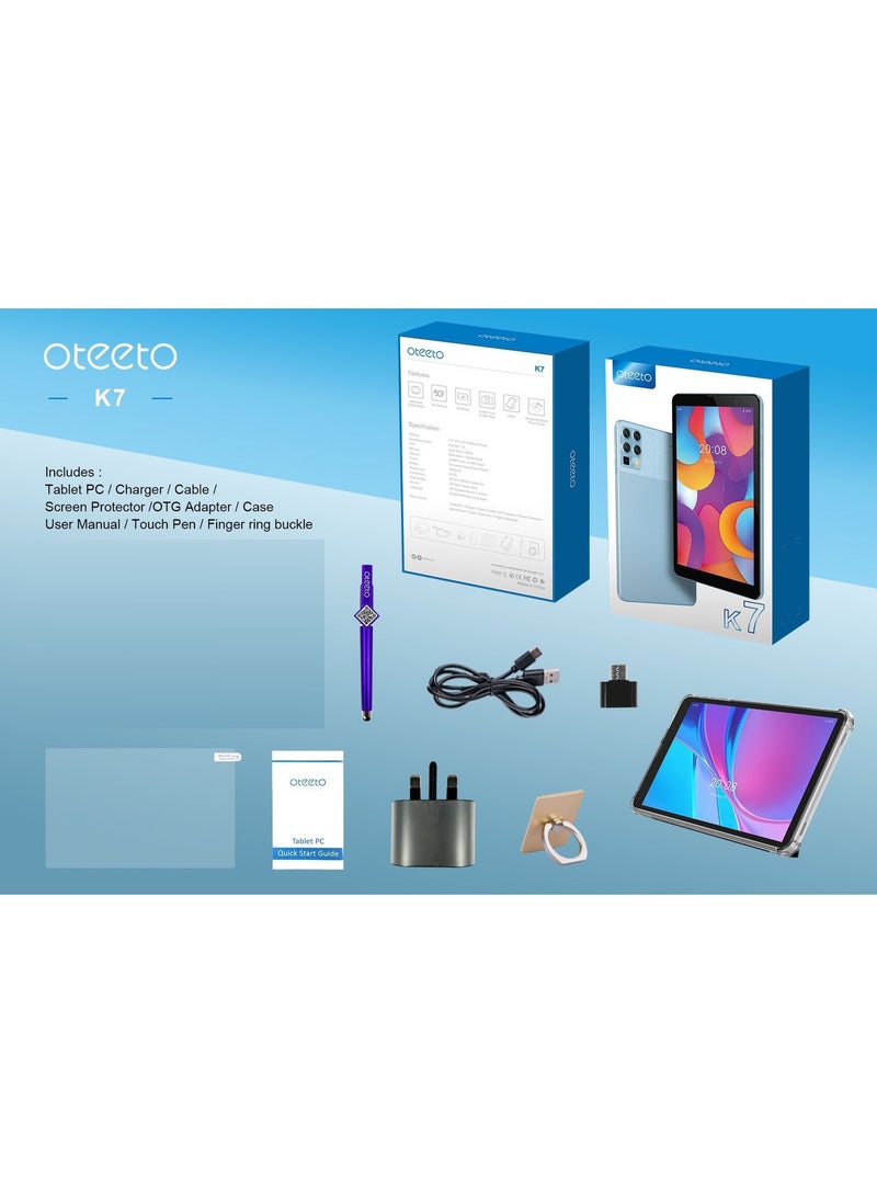 أوتيتو - تابلت Oteeto K7 بشاشة 7.0 بوصات يعمل بنظام Android وذاكرة وصول عشوائي سعتها 8 جيجابايت وذاكرة قراءة فقط 256 جيجابايت وبطارية 3500 مللي أمبير في الساعة أزرق - Image 1