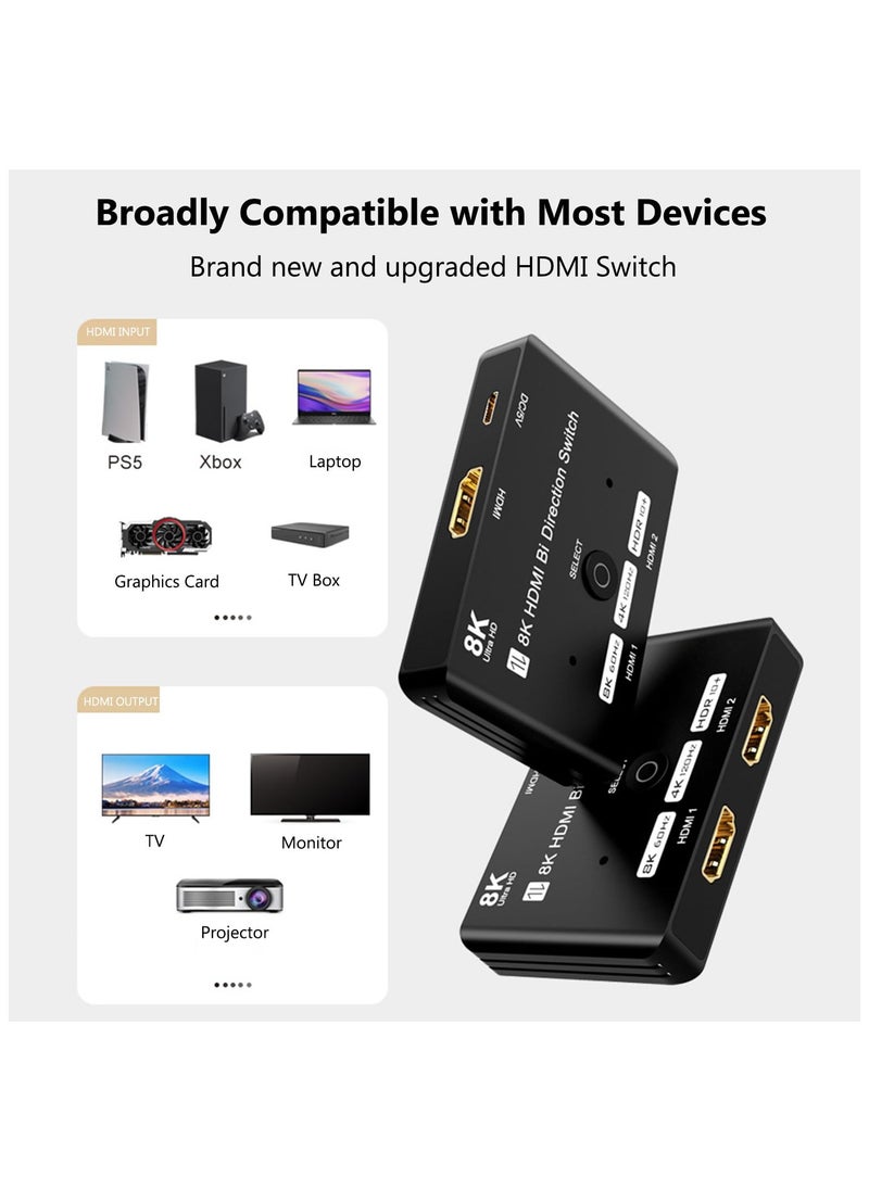 SYOSI - HDMI 2.1 Switch, HDMI Switcher 2 In 1 Out or 1 In 2 Out, 8K HDMI Splitter Bi-Direction, 8K HDMI Box Supports Ultra HD 8K@60Hz, 4K@120Hz, High Speed 48Gbps, HDCP2.3, HDR10 for TV/PS5/Xbox/Monitors - Image 1