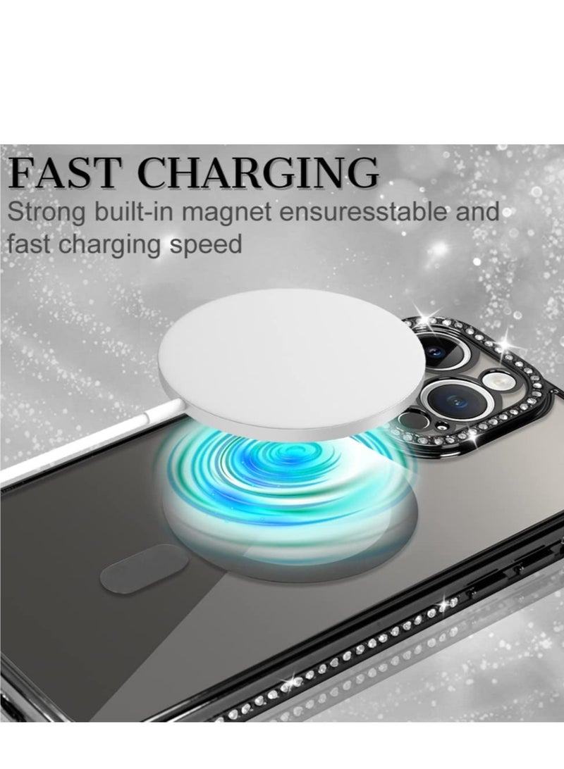 Sparkly Magnetic Glitter Case for iPhone 14 Pro Max - Luxury Clear Bumper with Diamond Plating, Full Camera Protection, MagSafe Compatible, Perfect for Women and Girls - Black - Image 4