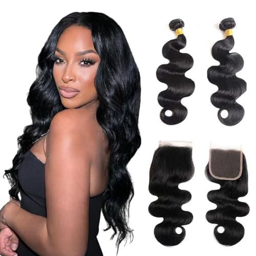 Selina 12A Body Wave Human Hair Bundles with Closure 10 128 Inch 4x4 HD Lace Closure 100 Brazilian Virgin Human Hair 2 Bundles with Closure Deals Hair Extensions Quick Weave Bundle Natural Black - Image 2