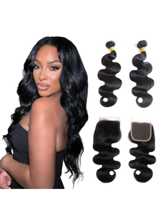 Selina 12A Body Wave Human Hair Bundles with Closure 10 128 Inch 4x4 HD Lace Closure 100 Brazilian Virgin Human Hair 2 Bundles with Closure Deals Hair Extensions Quick Weave Bundle Natural Black - Image 1
